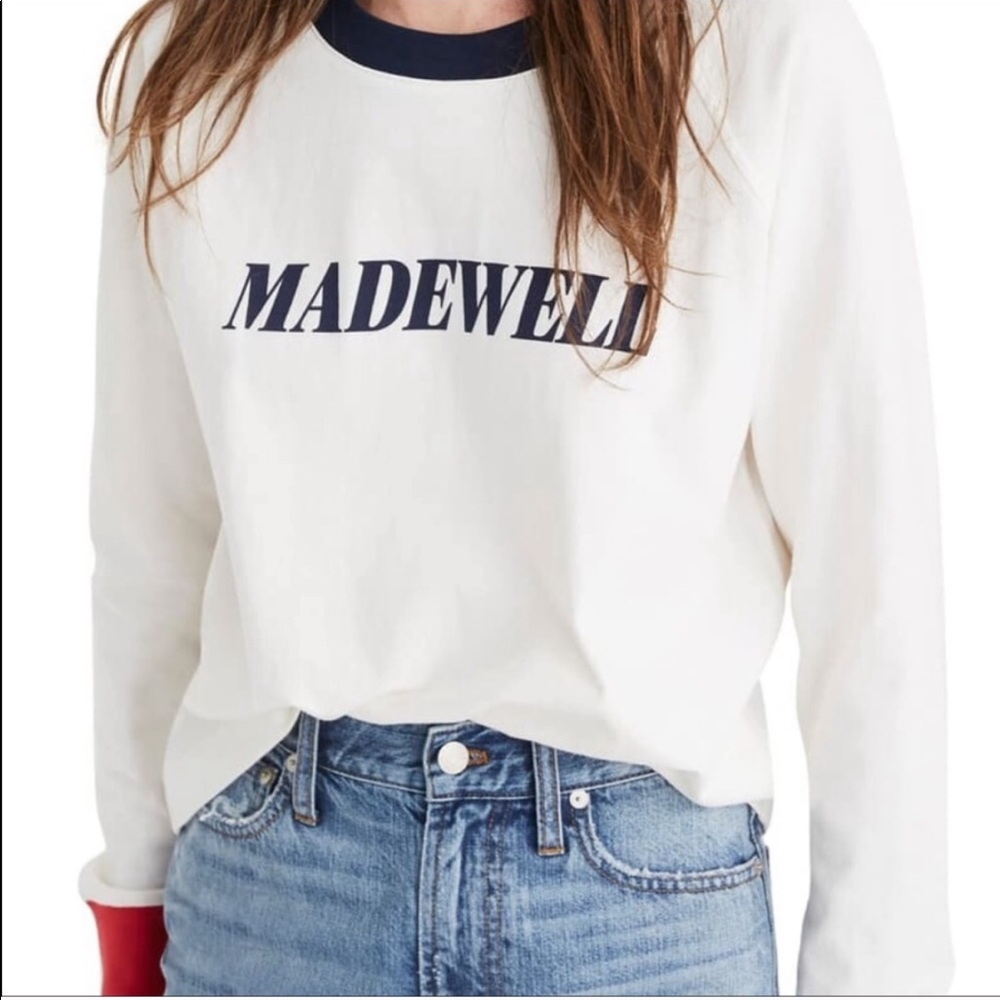 Madewell White Long Sleeve Logo Tee with Navy Trim